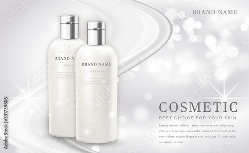 Vector 3D cosmetic make up illustration product bottle with elegant white shiny background