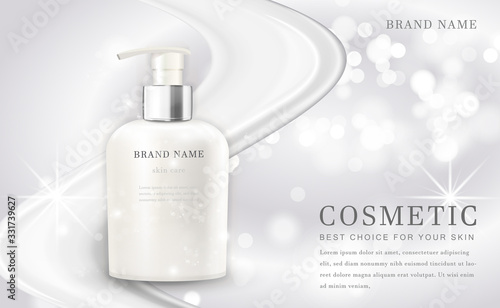 Vector 3D cosmetic make up illustration product bottle with elegant white shiny background