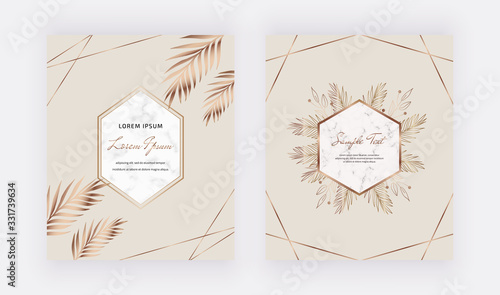 Geometric cards with golden leaves, lines and marble frames. Trendy templates for wedding invitation, banner, flyer, poster, greeting.