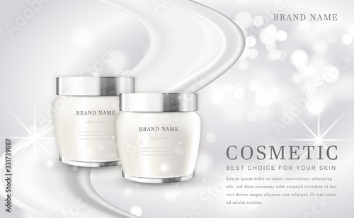Vector 3D cosmetic make up illustration product bottle with elegant white shiny background