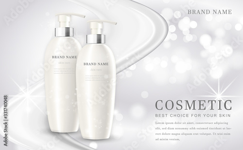 Vector 3D cosmetic make up illustration product bottle with elegant white shiny background