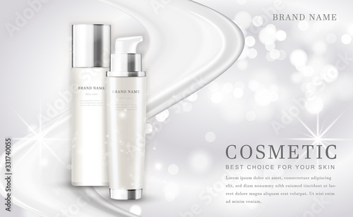 Vector 3D cosmetic make up illustration product bottle with elegant white shiny background