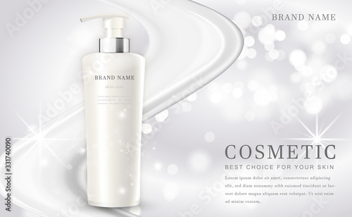Vector 3D cosmetic make up illustration product bottle with elegant white shiny background