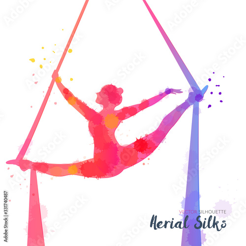 Silhouettes of a gymnast in the aerial silks. Vector watercolor illustration on a white background. Air gymnastics concept