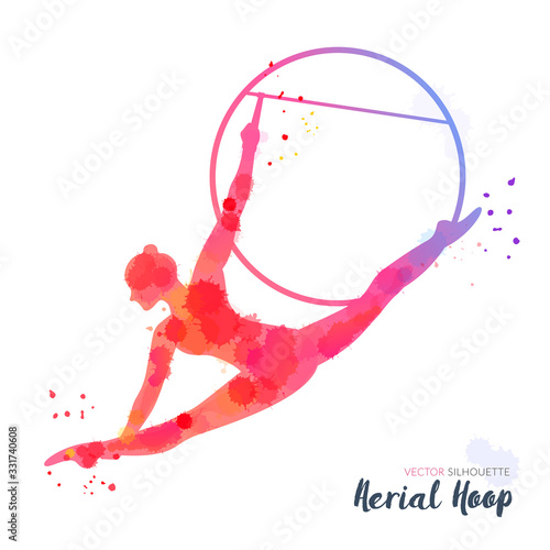 Silhouettes of a gymnast in the aerial silks. Vector watercolor illustration on a white background. Air gymnastics concept