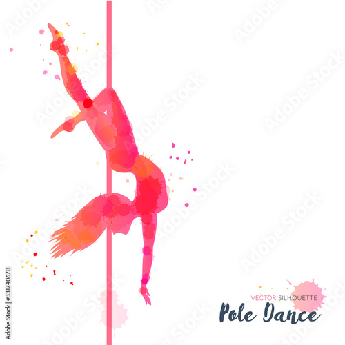 Silhouettes of a gymnast in the aerial silks. Vector watercolor illustration on a white background. Air gymnastics concept