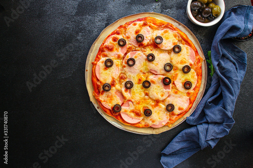  pizza sausage salami, olives and cheese. Menu concept food background. top view. copy space for text