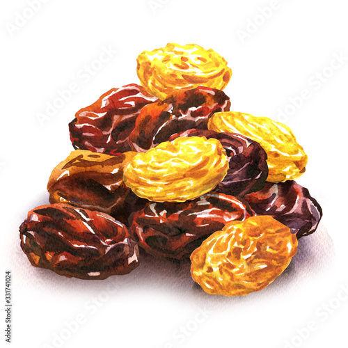 Pile of raisins, mixed yellow and brown raisins, dried berries of grapes. Vegetarian healthy snack, natural sweets, organic food. Isolated objects, hand drawn watercolor illustration, white background