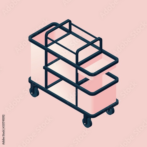 Hotel cart for maids on a pink background in isometric style