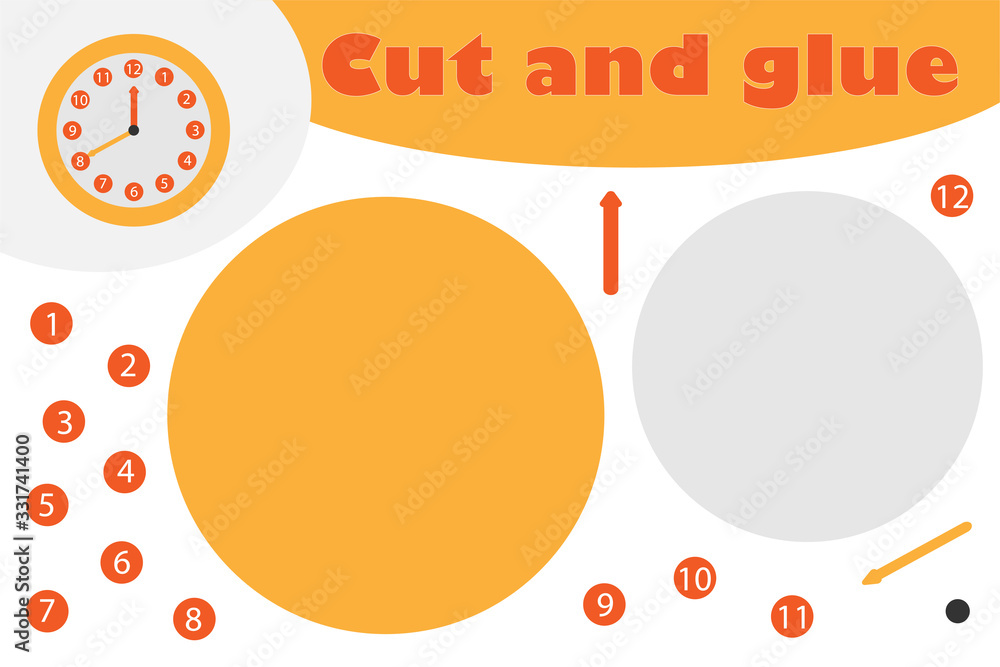 Clock in cartoon style, education game for the development of preschool children, use scissors and glue to create the applique, cut parts of the image and glue on the paper, vector illustration Clock in cartoon style, education game for the development of preschool children, use scissors and glue to create the applique, cut parts of the image and glue on the paper, vector illustration