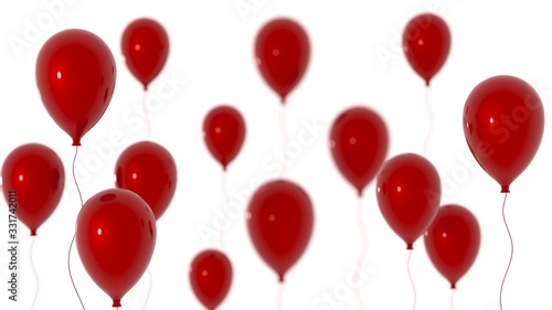 Red balloons fly. Birthday holiday poster with copy space. Illustration festive poster - 3d render. Greeting card for anniversary, invitation card. Airy Helium Balloons on white background.