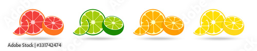 Citrus collection. Set of fresh fruit in flat design. Grapefruit, lime, orange and lemon, isolated on white background. Fresh citrus fruits with shadow. Vector illustration