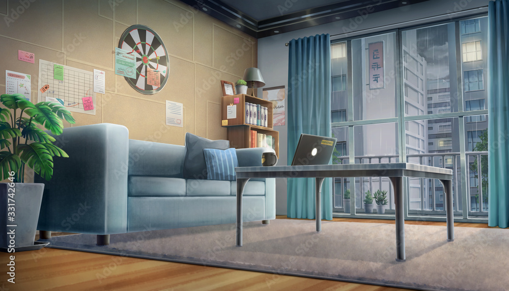 Fototapeta premium Cozy living room - Rainy , Background painting 