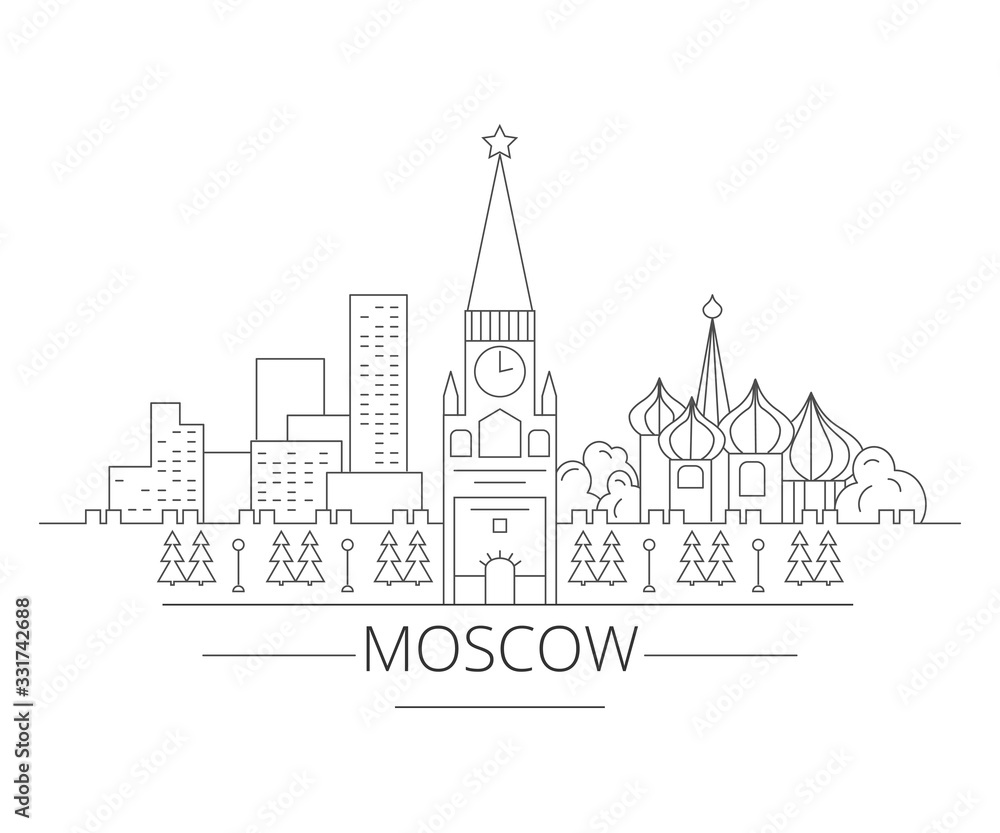 Buildings of the city of Moscow. Kremlin, St. Basil s Cathedral, at home. Linear art