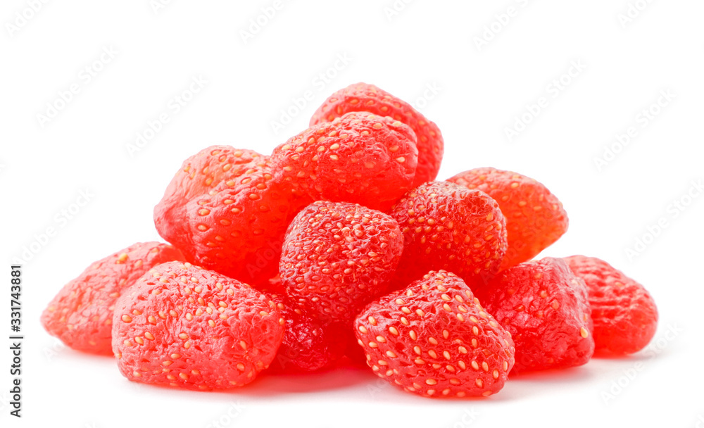 Pile of dried strawberries closeup on a white background. Isolated Pile of dried strawberries closeup on a white background. Isolated