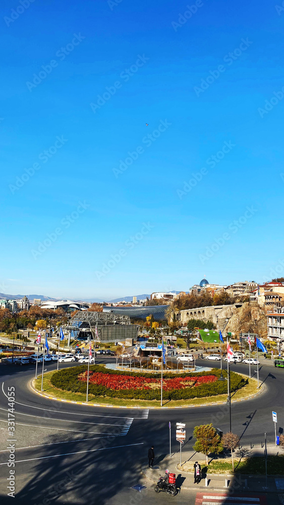TBILISI, GEORGIA  DECEMBER 17, 2019:  Europe square and Rike Park in the center of Tbilisi. Georgia