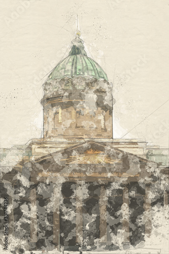 Retro style postcard. Watercolor sketch painting of Kazan Cathedral or Kazanskiy Kafedralniy Sobor. Cathedral of Our Lady of Kazan on the Nevsky Prospekt in Saint Petersburg, Russia. photo