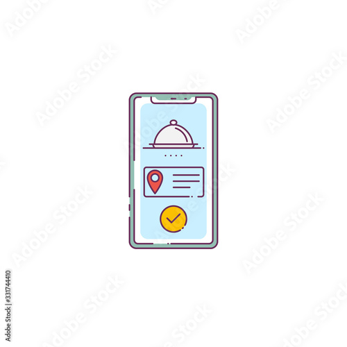 Food delivery application on phone. Fast food and menu order. Smartphone with food delivery app and checkmark. Line style vector illustration. Restaurant or fastfood delivery banner.