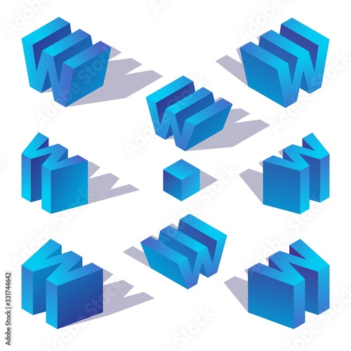 English alphabet isometric blue letter w with shadow.