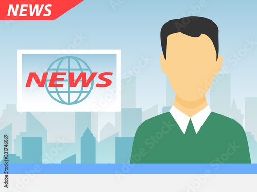 Anchor TV presenters man. Online breaking news concept vector illustration. Flat design of broadcasting on city background.