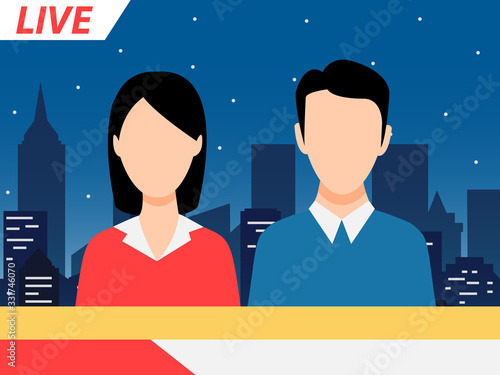 Anchor TV presenters man. Online breaking news concept vector illustration. Flat design of broadcasting on city background.