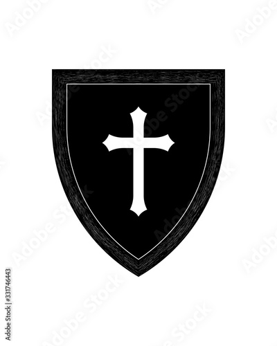 Christian Cross and Shield of Faith. Church Logo. Religious Symbol. Creative Christian Icon. Black and White