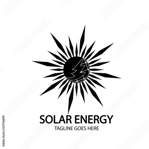 Solar energy panel and sun icon isolated on white background