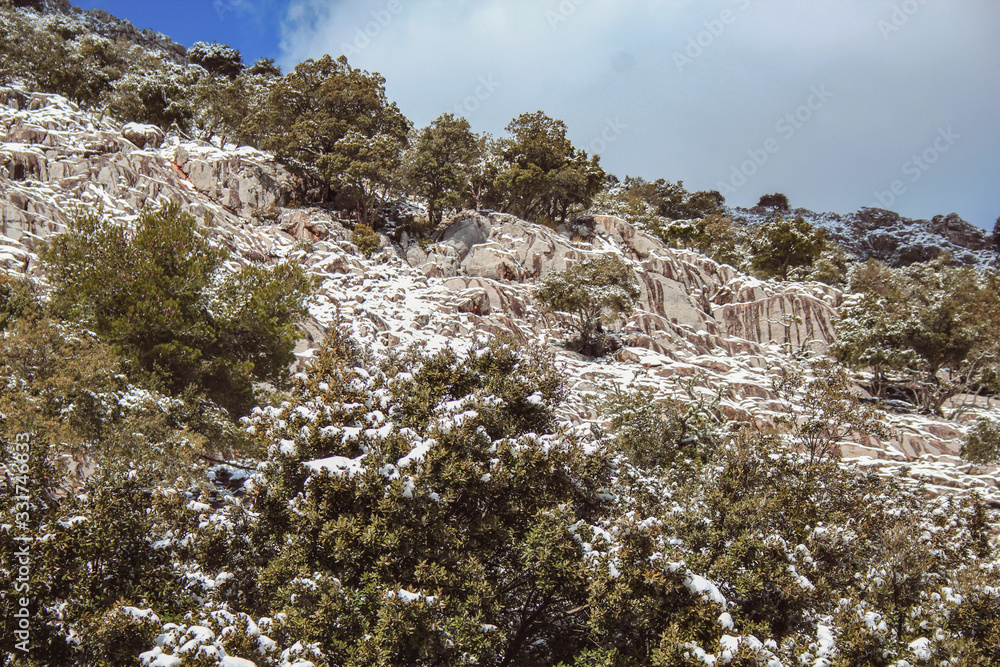 view of Serra de Tramuntana with snow capped mountains in Mallorca, Spain view of Serra de Tramuntana with snow capped mountains in Mallorca, Spain