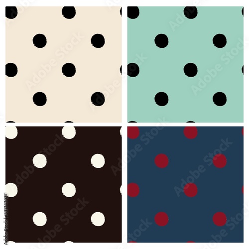 Seamless polka dot pattern vector in four color variations. Black and white, beige and black, mint and black, navy and dark red. 