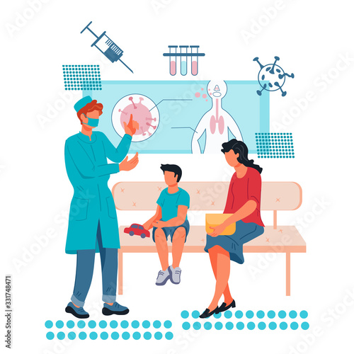 Children vaccination and immunization in healthcare clinic or hospital scene with doctor pediatrician makes an injection of flu vaccine to a kid. Medicine, virus diseases prevention and immunize.