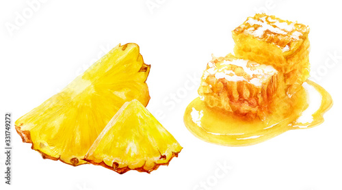 Honey comb pineapple set watercolor isolated on white background