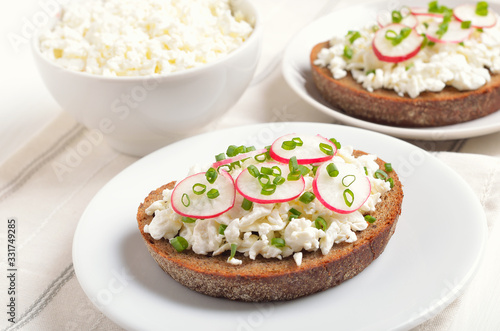 Bread with curd cheese, radish and green onion