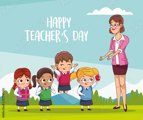happy teachers day card with teacher and students in the field