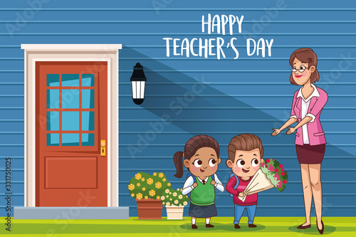 happy teachers day card with teacher and students outdoor house