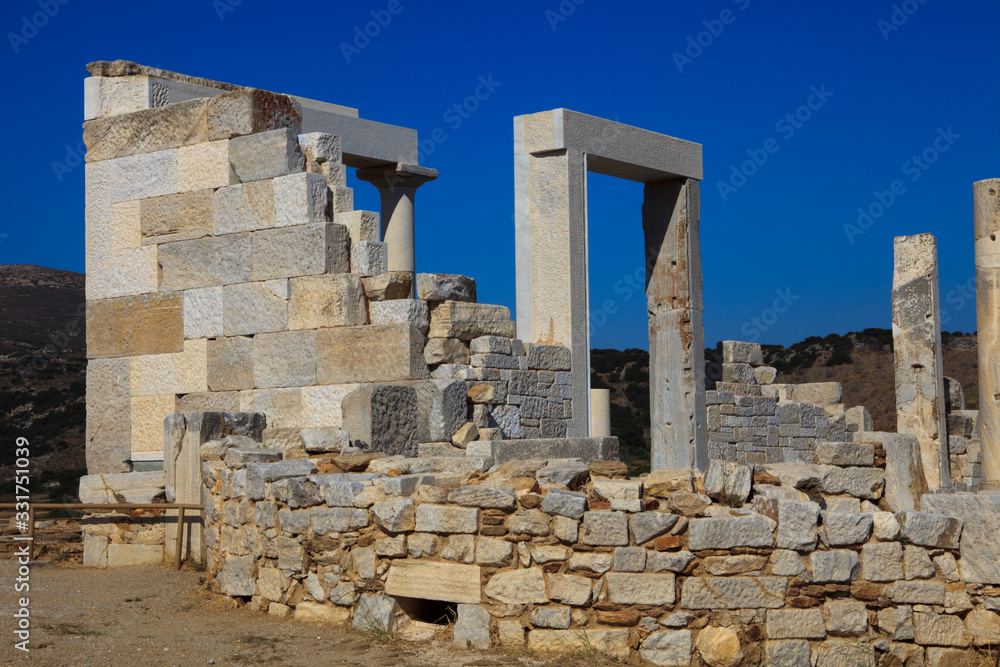 Sangri, Naxos / Greece - August 25, 2014: Temle of Demeter museum and ruins near the village of Sangri, Naxos, Cyclades Islands, Greece