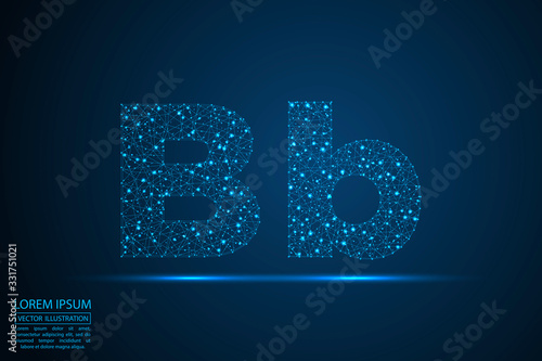 English letters abstract font consists 3d of triangles, lines, dots and connections. On a dark blue background cosmic universe stars, meteorites, galaxies. Vector illustration EPS 10.