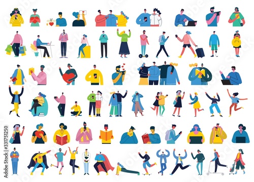 Bundle of cartoon men and women performing outdoor activities on city street. Flat colorful vector illustration people walking,standing, talking, running, jumping, sitting, dancing