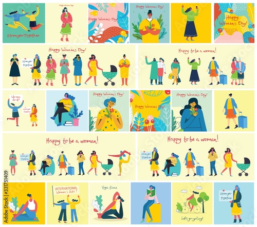 Colorful vector illustration concept cards of Happy Woman's internarional day. Happy female friends, union of feminists, sisterhood holding the placard in flat design