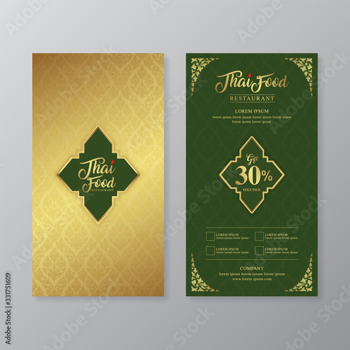 Thai food and thai restaurant luxury gift voucher design template for printing, flyers, poster, web, banner, brochure and card vector illustration