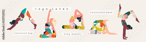Set of women wearing bright sportswear doing Yoga. Girl in colorful clothes working out. Hand drawn colored Vector illustrations. Weight Loss. Health care and lifestyle concept. Calmness and relax
