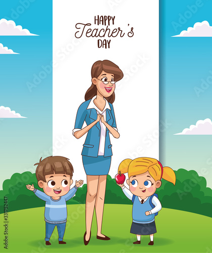 happy teachers day card with teacher and students in the field