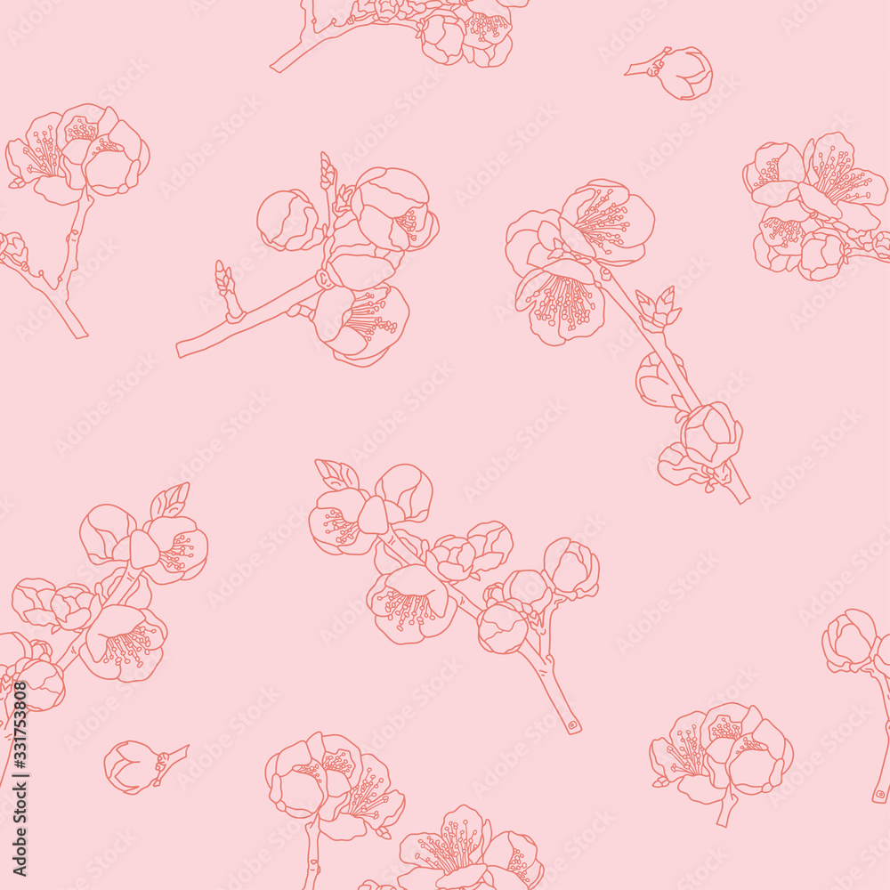  Seamless pattern with delicate pink wild cherry flowers. Branches of Japanese Cherry. Vector illustration on a pink background in cartoon style. For posters, postcards, printing, textiles, web pages.