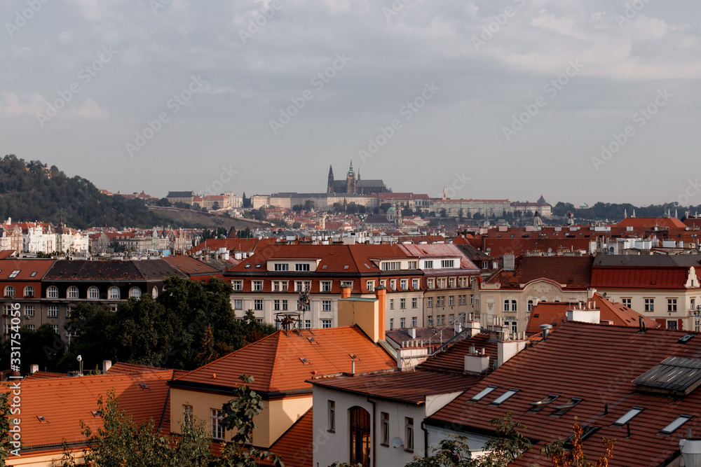 View of the roofs of the city. Urban landscape in Prague