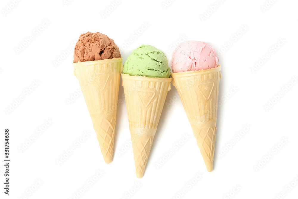 Ice cream in wafer cones isolated on white background