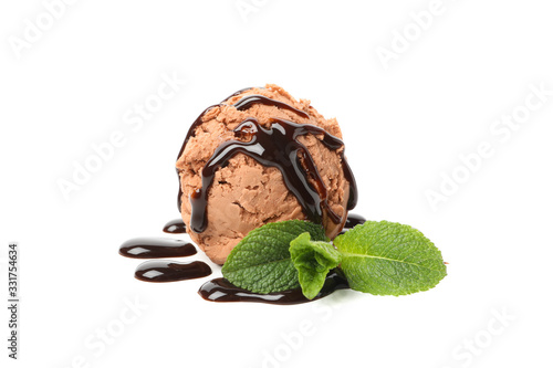 Ice cream with topping and mint isolated on white background