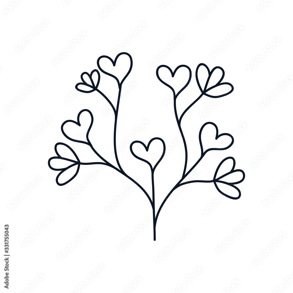 beautiful branch with hearts leaves icon, line style