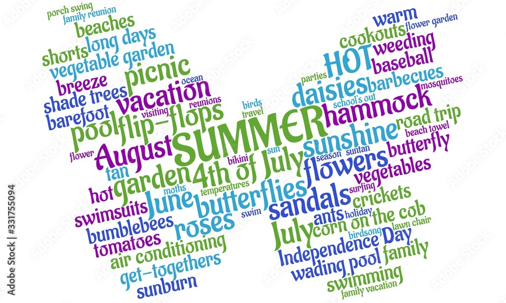 Summertime tag cloud in the shape of a butterfly