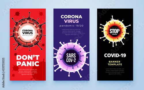 Coronavirus COVID-19 SARS-CoV-2 Social media Banner on a color background. Virus infections prevention. Deadly type of virus 2019-nCoV. Coronavirus microbe vector illustration