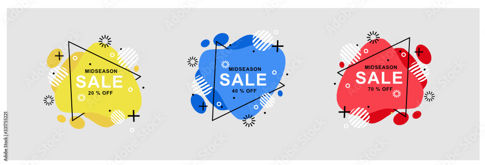 set sale banner template. abstract geometric background with shape and liquid style. promo badge for seasonal design.