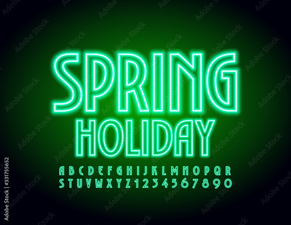 Vector green trendy banner Spring Holiday. Neon electric Font. Glowing Alphabet Letters and Numbers